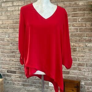 Michael Kors Tunic Top Blouse Women Size 10 Red Roll Tab Long Sleeve V-neck
